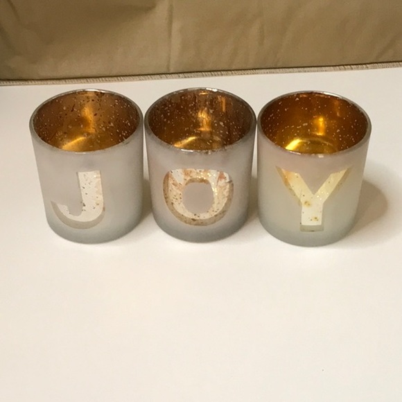 CANDLE GLASS VOTIVE HOLDER SET OF 3 SPELLS J0Y GOLD AND SILVER SPARKLE.  FROSTED - Picture 7 of 9